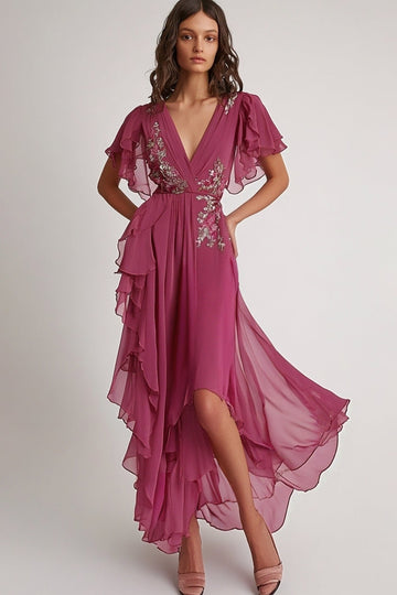 Embellished Dark Pink V Neck A Line Formal Dress with Ruffles